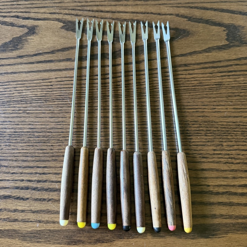 VTG Fondue Forks Stainless Steel Wood Handles Colored Tips Set of 9 Japan